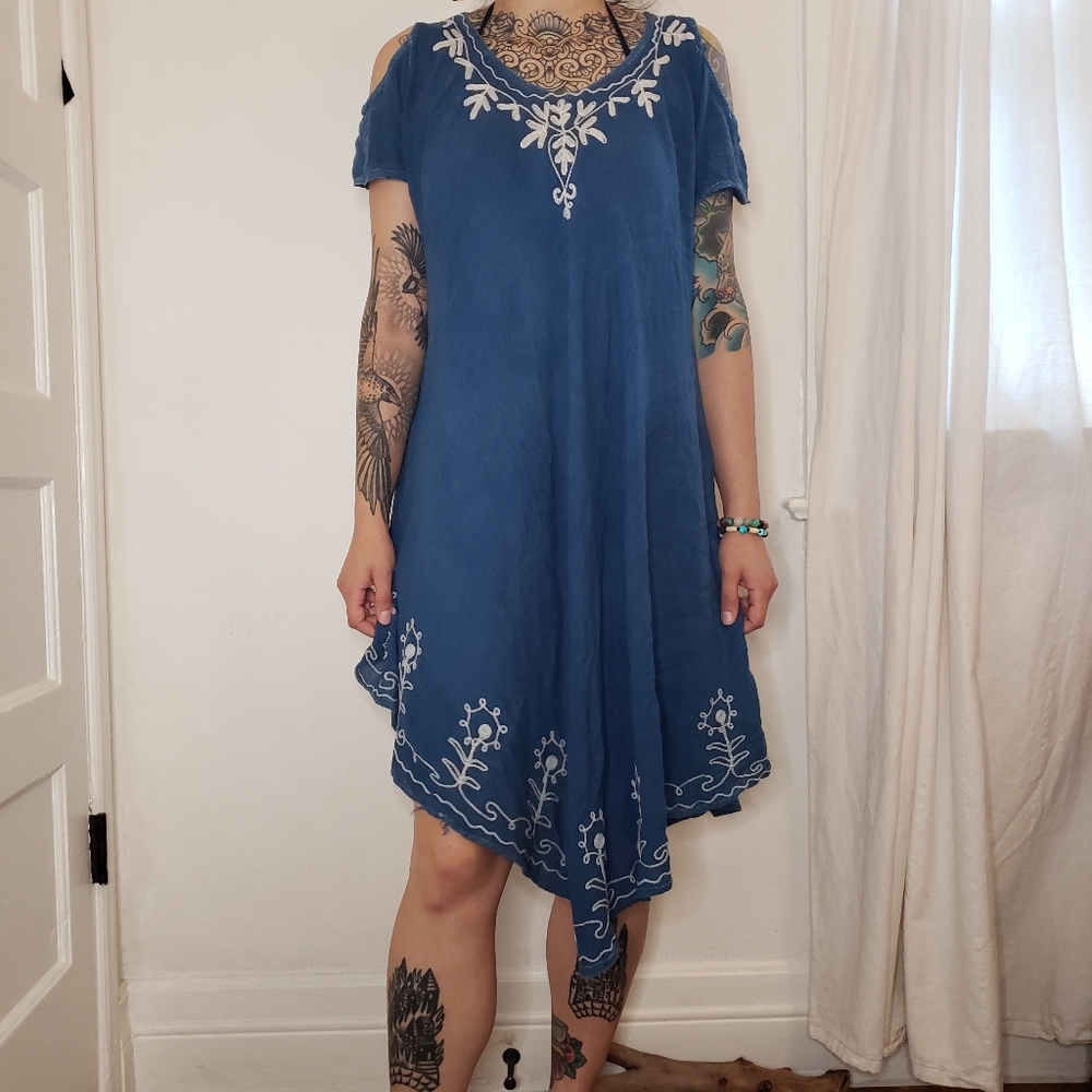Boho Blue Asymmetrical Embroidered Dress